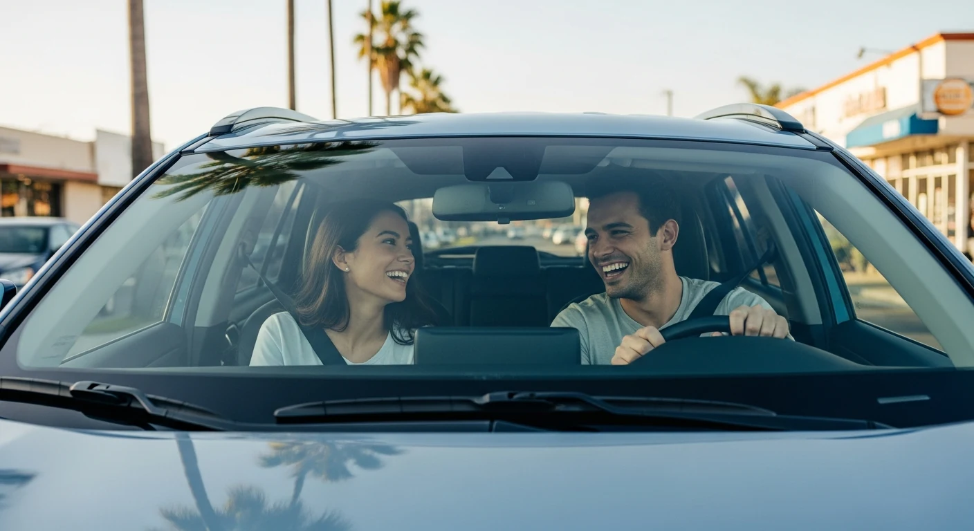 Couple smiling inside car at Seal Shine Express Car Wash in Garden Grove CA